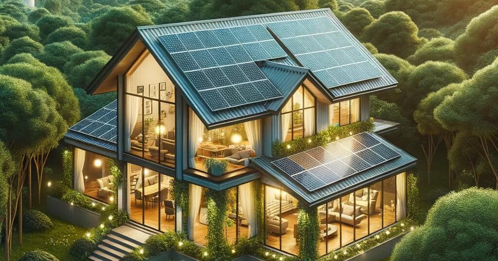 A captivating photo showcasing an energy-efficient home surrounded by nature and renewable energy.