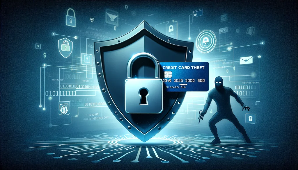 The image features a large, protective shield in the foreground with symbols of a credit card and a padlock embedded on it. Behind the shield, there's a shadowy figure of a thief reaching out but unable to touch the shield, symbolizing protection against theft.