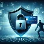 The image features a large, protective shield in the foreground with symbols of a credit card and a padlock embedded on it. Behind the shield, there's a shadowy figure of a thief reaching out but unable to touch the shield, symbolizing protection against theft.